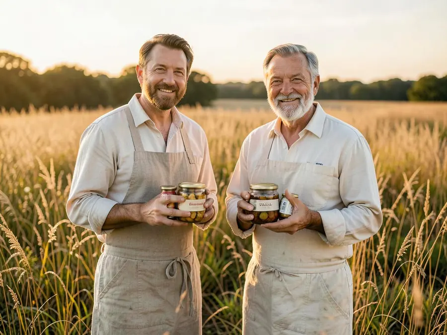 Artesanos franceses con conservas gourmet en el campo