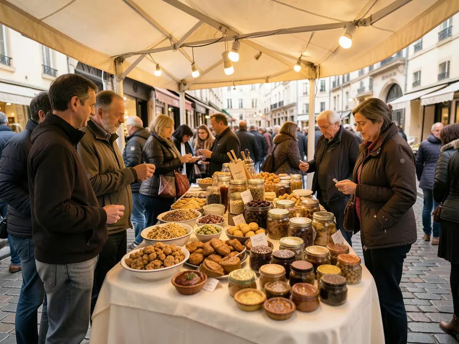 Puesto de mercado francés con especialidades gourmet
